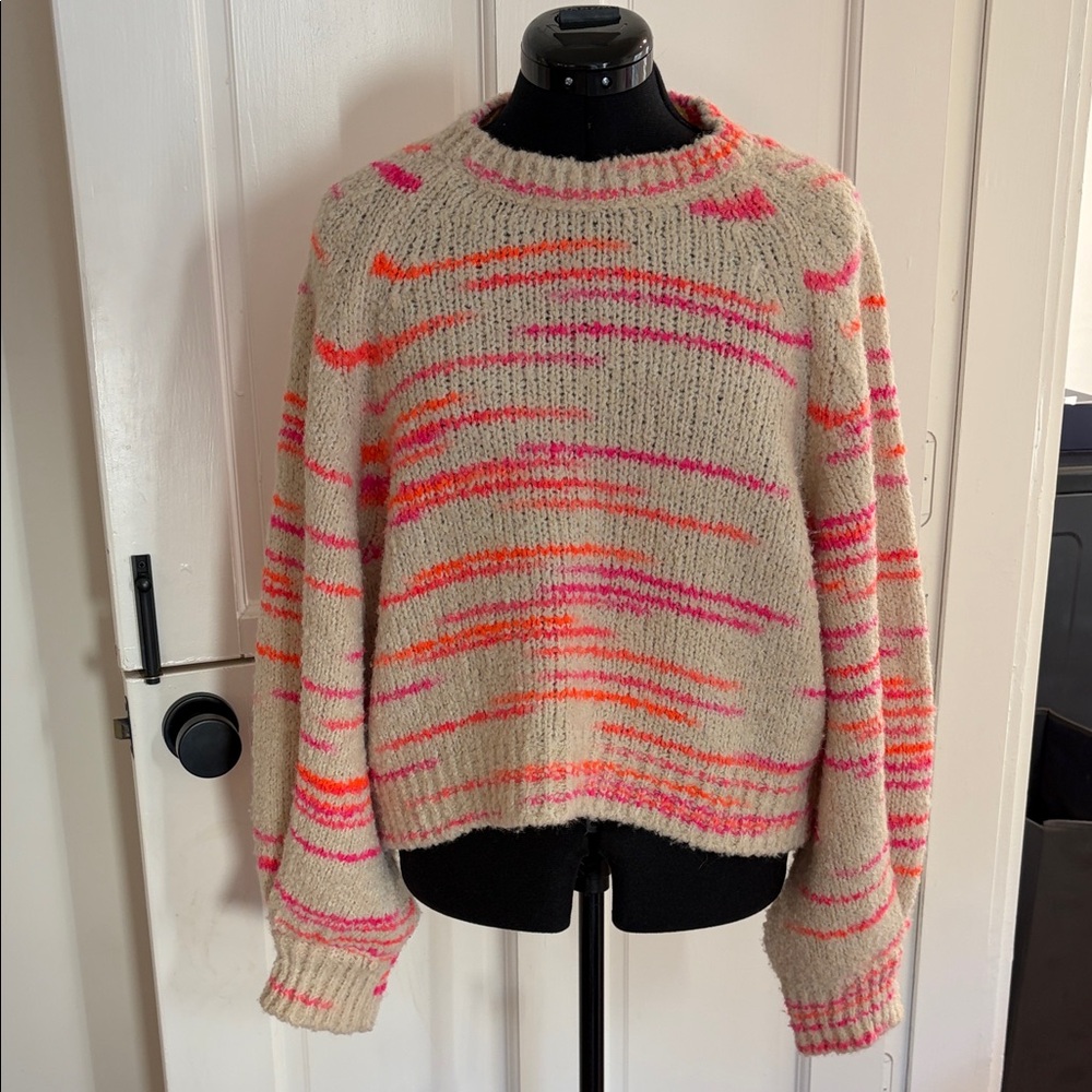Pilcro Cream Crewneck Sweater with Pink & Orange Stripe Accents